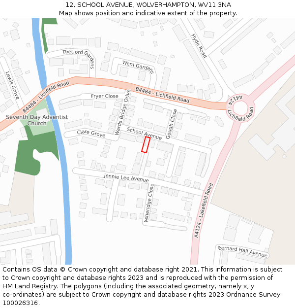 12, SCHOOL AVENUE, WOLVERHAMPTON, WV11 3NA: Location map and indicative extent of plot