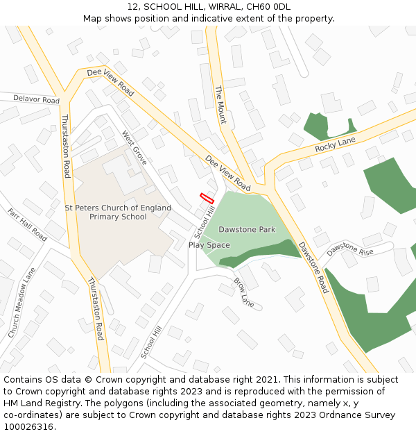 12, SCHOOL HILL, WIRRAL, CH60 0DL: Location map and indicative extent of plot