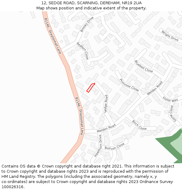 12, SEDGE ROAD, SCARNING, DEREHAM, NR19 2UA: Location map and indicative extent of plot