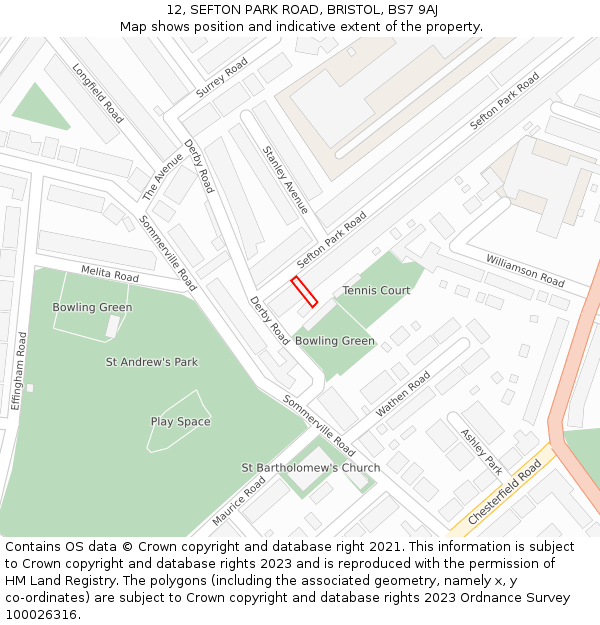 12, SEFTON PARK ROAD, BRISTOL, BS7 9AJ: Location map and indicative extent of plot