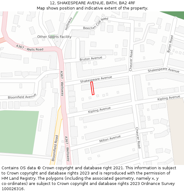 12, SHAKESPEARE AVENUE, BATH, BA2 4RF: Location map and indicative extent of plot