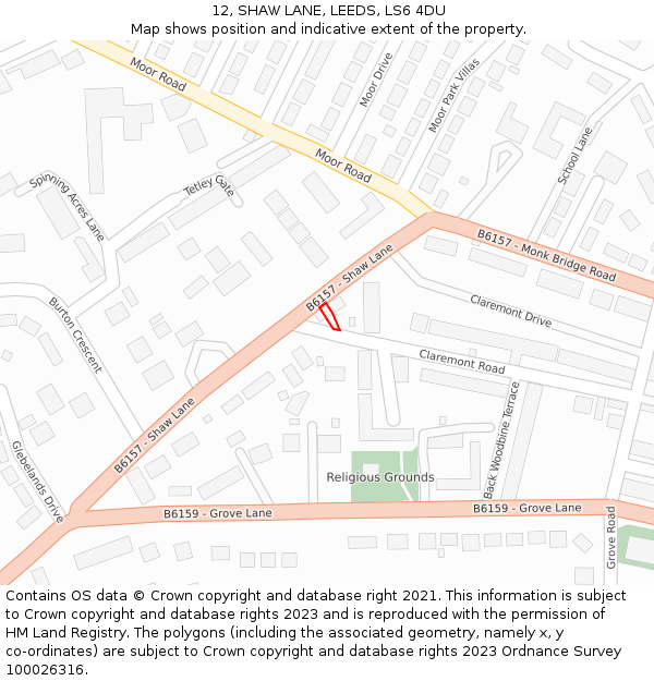 12, SHAW LANE, LEEDS, LS6 4DU: Location map and indicative extent of plot