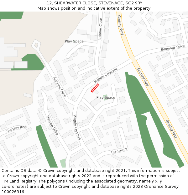 12, SHEARWATER CLOSE, STEVENAGE, SG2 9RY: Location map and indicative extent of plot