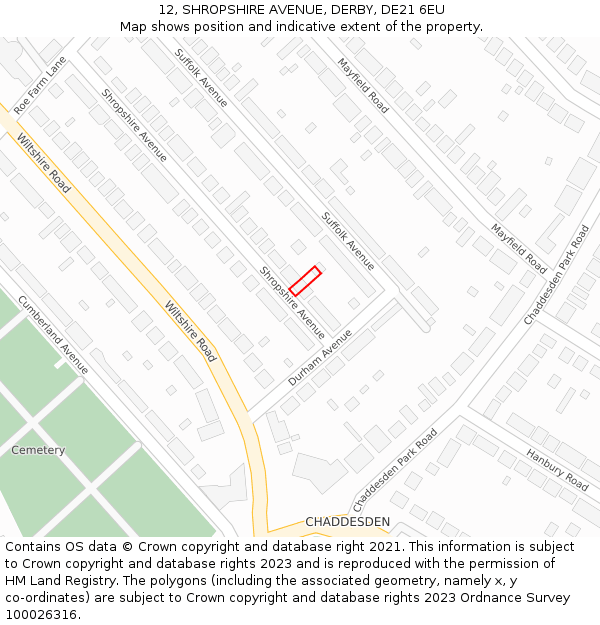 12, SHROPSHIRE AVENUE, DERBY, DE21 6EU: Location map and indicative extent of plot