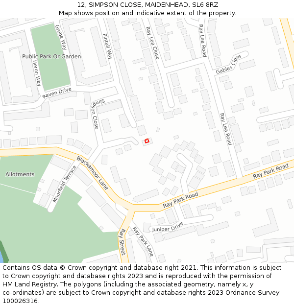 12, SIMPSON CLOSE, MAIDENHEAD, SL6 8RZ: Location map and indicative extent of plot