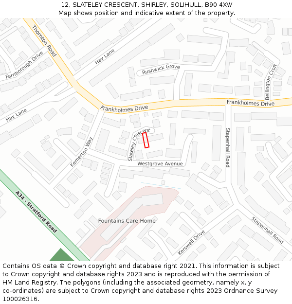 12, SLATELEY CRESCENT, SHIRLEY, SOLIHULL, B90 4XW: Location map and indicative extent of plot