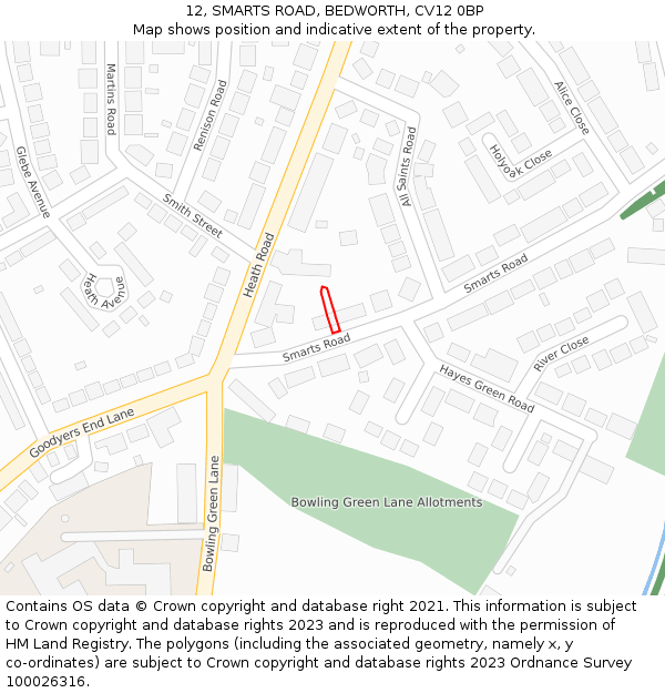 12, SMARTS ROAD, BEDWORTH, CV12 0BP: Location map and indicative extent of plot