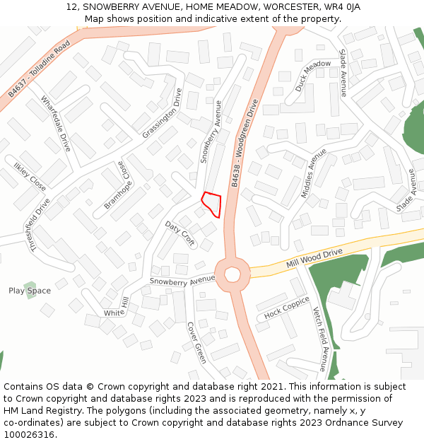 12, SNOWBERRY AVENUE, HOME MEADOW, WORCESTER, WR4 0JA: Location map and indicative extent of plot