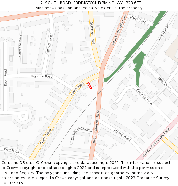 12, SOUTH ROAD, ERDINGTON, BIRMINGHAM, B23 6EE: Location map and indicative extent of plot