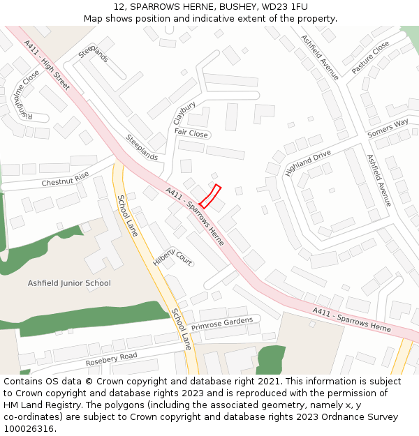 12, SPARROWS HERNE, BUSHEY, WD23 1FU: Location map and indicative extent of plot