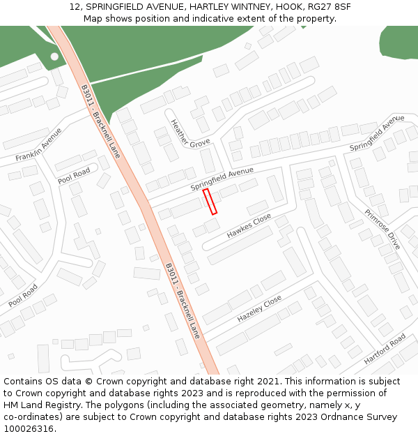 12, SPRINGFIELD AVENUE, HARTLEY WINTNEY, HOOK, RG27 8SF: Location map and indicative extent of plot