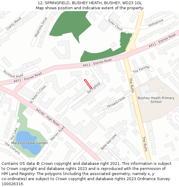 12, SPRINGFIELD, BUSHEY HEATH, BUSHEY, WD23 1GL: Location map and indicative extent of plot
