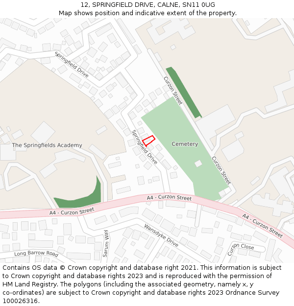 12, SPRINGFIELD DRIVE, CALNE, SN11 0UG: Location map and indicative extent of plot