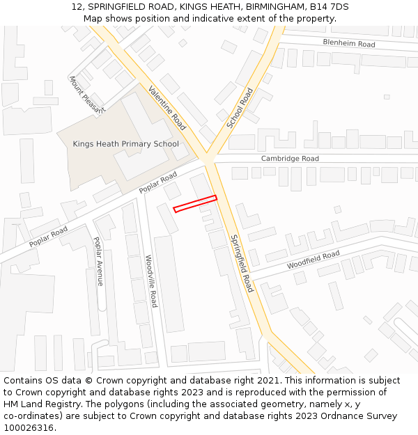 12, SPRINGFIELD ROAD, KINGS HEATH, BIRMINGHAM, B14 7DS: Location map and indicative extent of plot