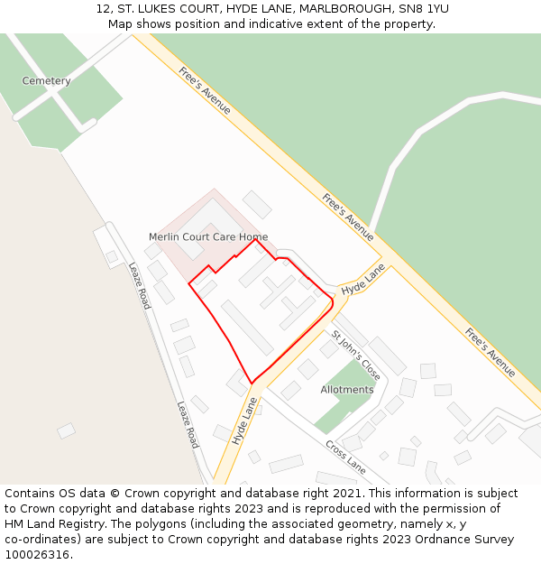 12, ST. LUKES COURT, HYDE LANE, MARLBOROUGH, SN8 1YU: Location map and indicative extent of plot