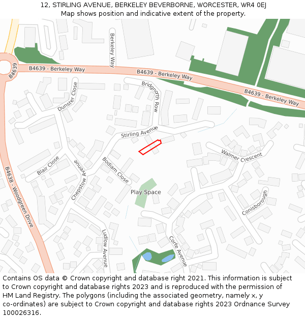 12, STIRLING AVENUE, BERKELEY BEVERBORNE, WORCESTER, WR4 0EJ: Location map and indicative extent of plot