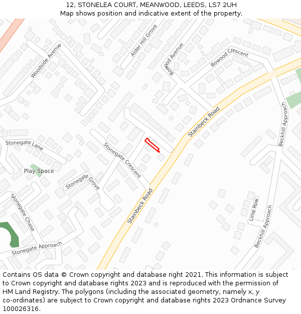 12, STONELEA COURT, MEANWOOD, LEEDS, LS7 2UH: Location map and indicative extent of plot
