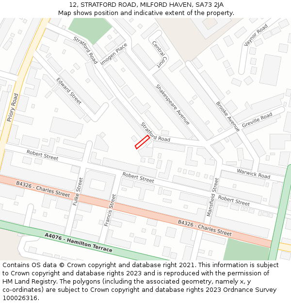 12, STRATFORD ROAD, MILFORD HAVEN, SA73 2JA: Location map and indicative extent of plot