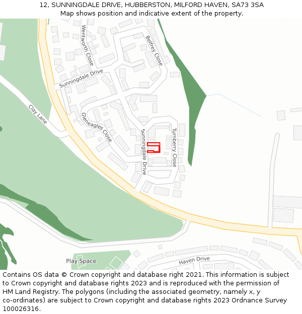 12, SUNNINGDALE DRIVE, HUBBERSTON, MILFORD HAVEN, SA73 3SA: Location map and indicative extent of plot