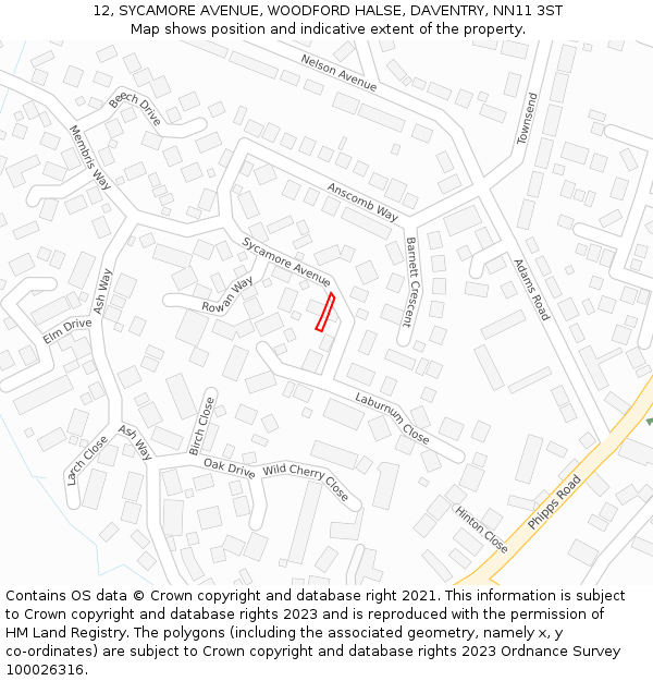 12, SYCAMORE AVENUE, WOODFORD HALSE, DAVENTRY, NN11 3ST: Location map and indicative extent of plot