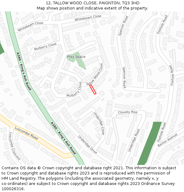 12, TALLOW WOOD CLOSE, PAIGNTON, TQ3 3HD: Location map and indicative extent of plot