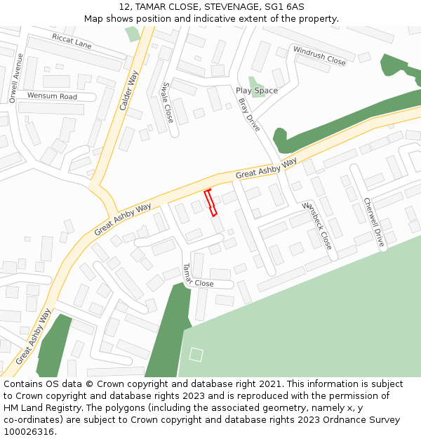 12, TAMAR CLOSE, STEVENAGE, SG1 6AS: Location map and indicative extent of plot