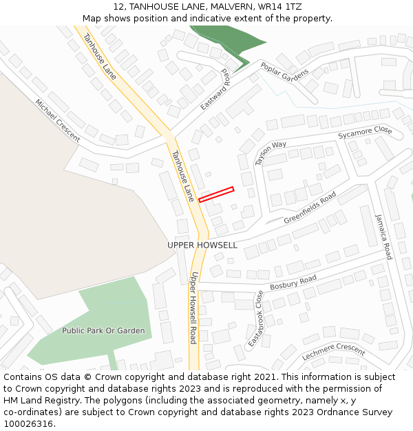 12, TANHOUSE LANE, MALVERN, WR14 1TZ: Location map and indicative extent of plot