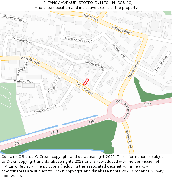 12, TANSY AVENUE, STOTFOLD, HITCHIN, SG5 4GJ: Location map and indicative extent of plot