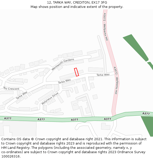 12, TARKA WAY, CREDITON, EX17 3FG: Location map and indicative extent of plot