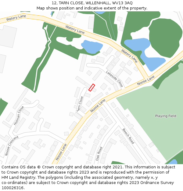 12, TARN CLOSE, WILLENHALL, WV13 3AQ: Location map and indicative extent of plot