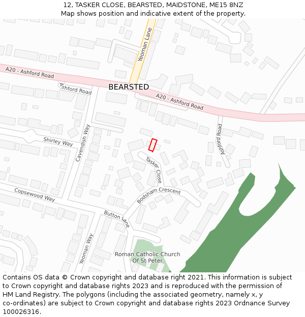 12, TASKER CLOSE, BEARSTED, MAIDSTONE, ME15 8NZ: Location map and indicative extent of plot