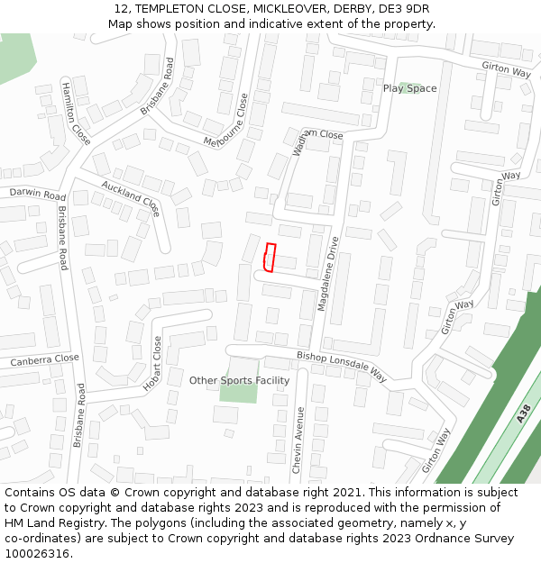 12, TEMPLETON CLOSE, MICKLEOVER, DERBY, DE3 9DR: Location map and indicative extent of plot