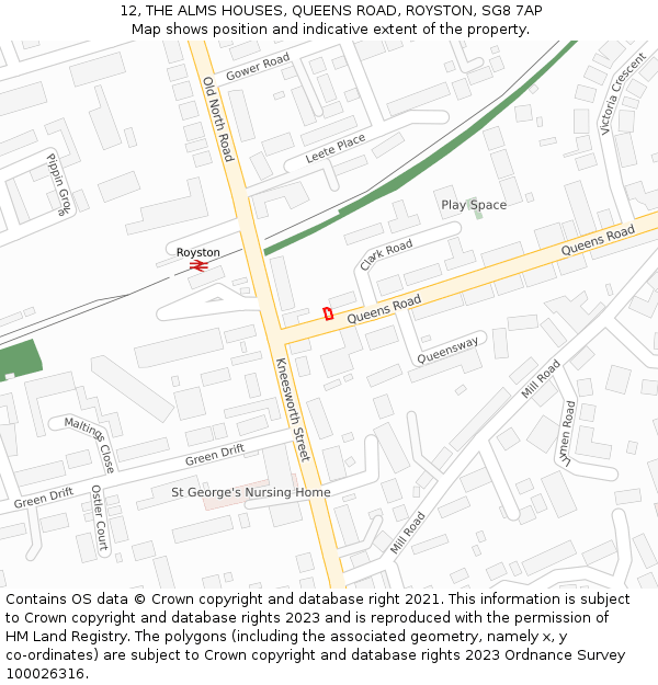 12, THE ALMS HOUSES, QUEENS ROAD, ROYSTON, SG8 7AP: Location map and indicative extent of plot
