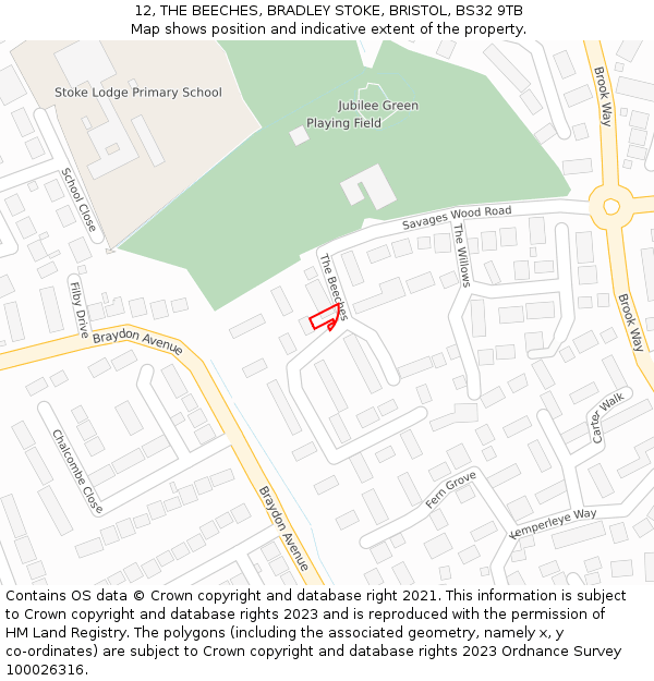12, THE BEECHES, BRADLEY STOKE, BRISTOL, BS32 9TB: Location map and indicative extent of plot