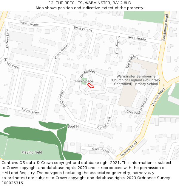 12, THE BEECHES, WARMINSTER, BA12 8LD: Location map and indicative extent of plot
