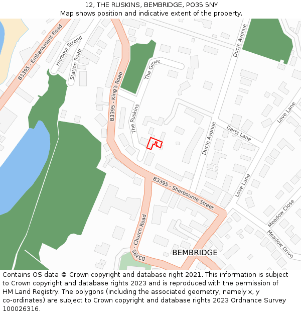 12, THE RUSKINS, BEMBRIDGE, PO35 5NY: Location map and indicative extent of plot