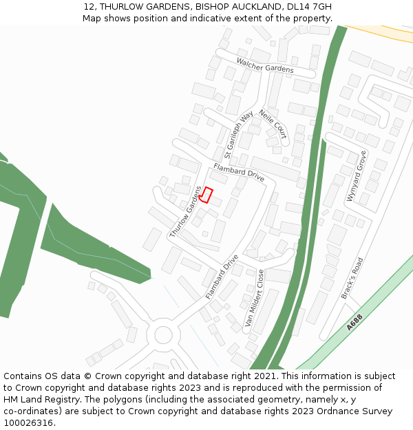 12, THURLOW GARDENS, BISHOP AUCKLAND, DL14 7GH: Location map and indicative extent of plot