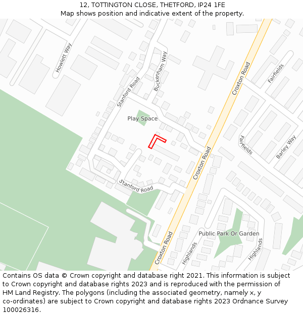 12, TOTTINGTON CLOSE, THETFORD, IP24 1FE: Location map and indicative extent of plot