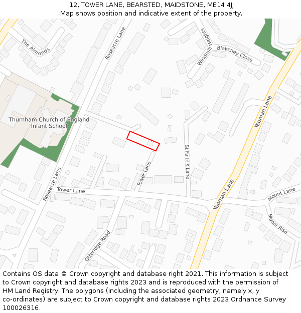 12, TOWER LANE, BEARSTED, MAIDSTONE, ME14 4JJ: Location map and indicative extent of plot