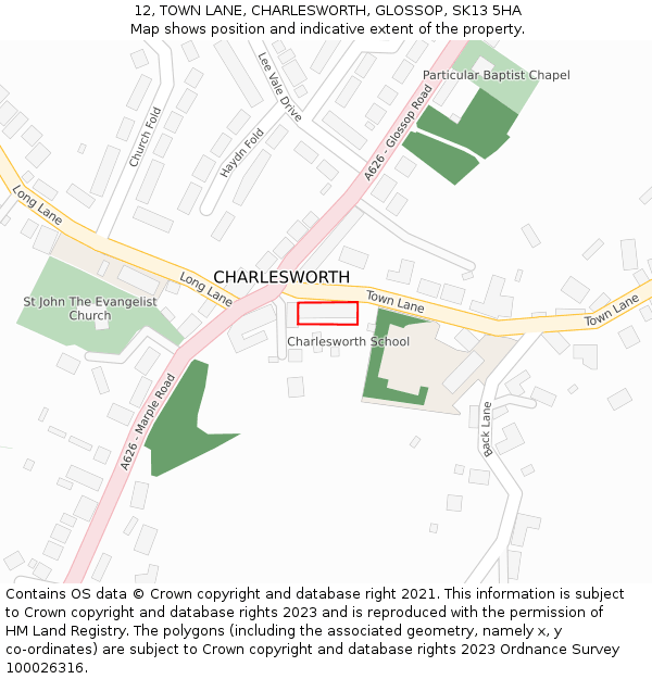 12, TOWN LANE, CHARLESWORTH, GLOSSOP, SK13 5HA: Location map and indicative extent of plot
