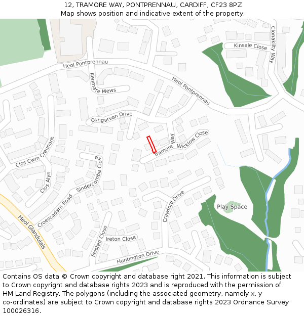 12, TRAMORE WAY, PONTPRENNAU, CARDIFF, CF23 8PZ: Location map and indicative extent of plot