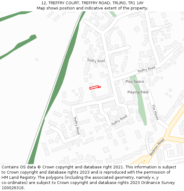 12, TREFFRY COURT, TREFFRY ROAD, TRURO, TR1 1AY: Location map and indicative extent of plot