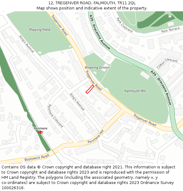 12, TREGENVER ROAD, FALMOUTH, TR11 2QL: Location map and indicative extent of plot