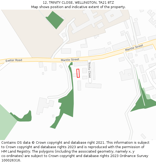 12, TRINITY CLOSE, WELLINGTON, TA21 8TZ: Location map and indicative extent of plot