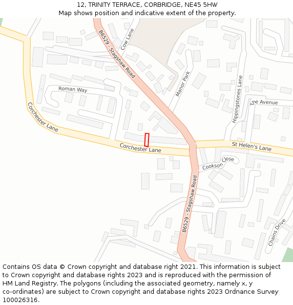 12, TRINITY TERRACE, CORBRIDGE, NE45 5HW: Location map and indicative extent of plot