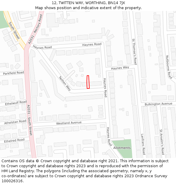 12, TWITTEN WAY, WORTHING, BN14 7JX: Location map and indicative extent of plot