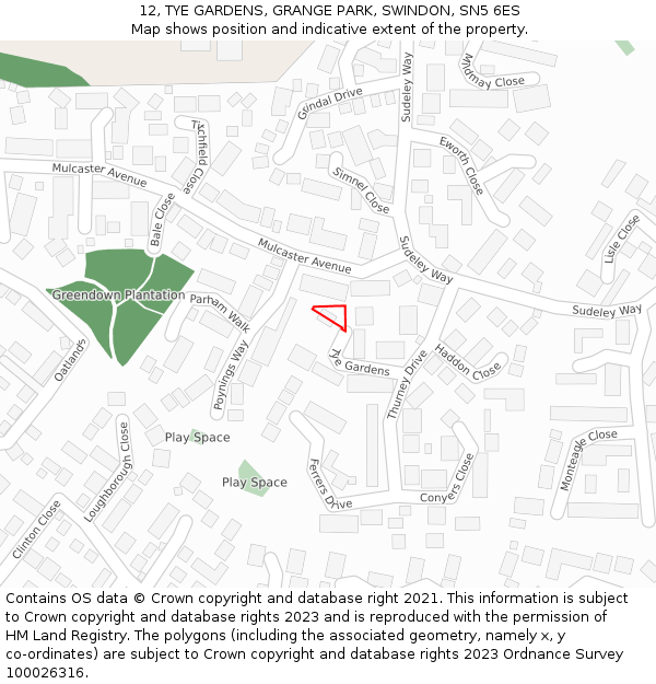 12, TYE GARDENS, GRANGE PARK, SWINDON, SN5 6ES: Location map and indicative extent of plot