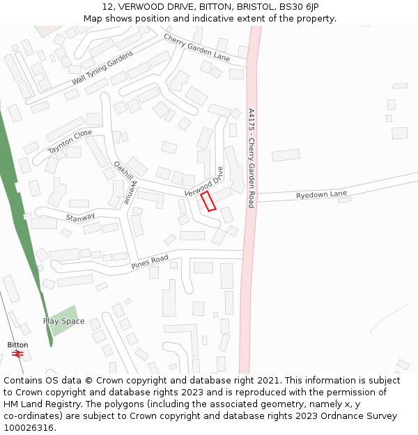 12, VERWOOD DRIVE, BITTON, BRISTOL, BS30 6JP: Location map and indicative extent of plot