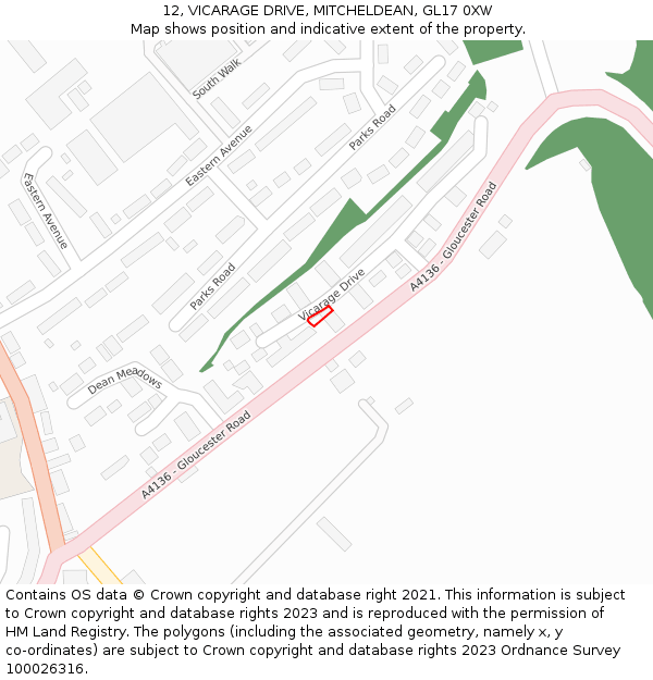 12, VICARAGE DRIVE, MITCHELDEAN, GL17 0XW: Location map and indicative extent of plot