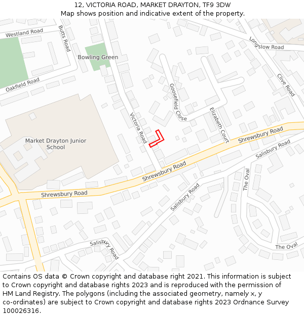 12, VICTORIA ROAD, MARKET DRAYTON, TF9 3DW: Location map and indicative extent of plot